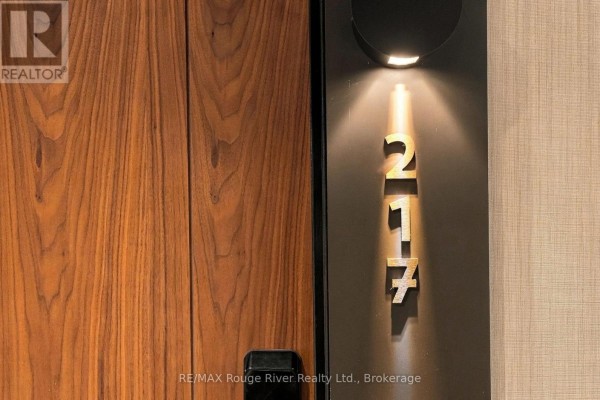 Close-up of apartment door 217 with illuminated brass numbers and warm wood. - 217 - 201 Brock Street S, Whitby