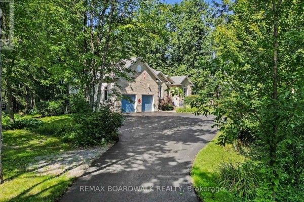 Asphalt driveway leading up to a detached brick home surrounded by mature trees and lush greenery. - 2180 Conley Road, Ottawa