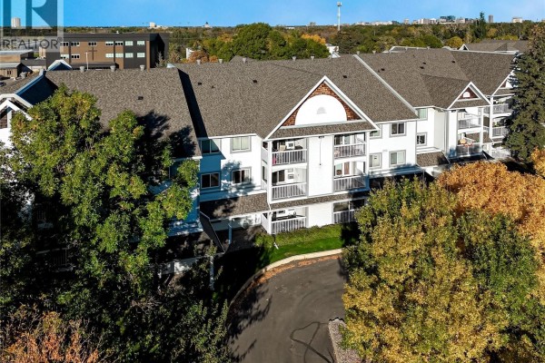 Aerial view of apartment building surrounded by trees in autumn. - 219 960 Assiniboine Avenue E, Regina