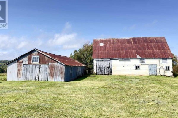 Two weathered outbuildings with corrugated metal roofs and white siding stand on a large grassy field. - 2195 Windham Hill Road, Windham Hill