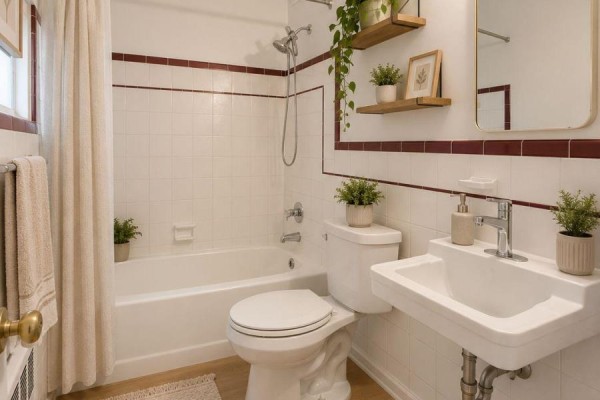 White tiled bathroom with a bathtub, toilet, and sink. - 22 - 917 Hamilton Road, London East