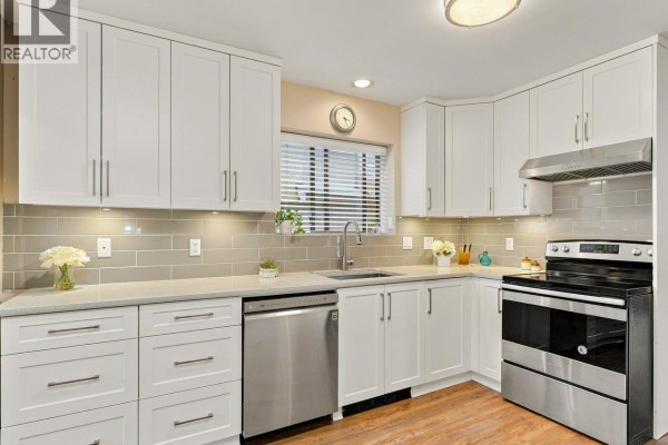 Kitchen with white cabinets, grey backsplash, stainless steel appliances, and a window. - 22 2133 St. Georges Avenue, North Vancouver