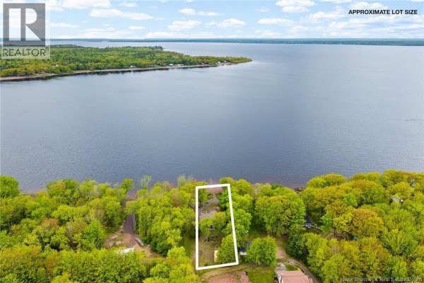Aerial view of a property outlined in white, situated on a wooded shoreline. - 22 Grandview Court, Whites Cove