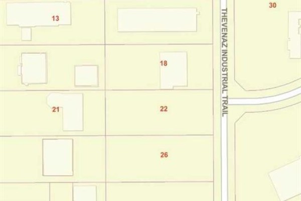 Site plan shows lot 22 bordered by Thevenaz Industrial Trail and other numbered properties. - 22 Thevenaz Trail, Sylvan Lake
