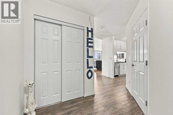 Apartment hallway with double white doors, a decorative cat, and a "HELLO" sign. - 220, 2022 Canyon Meadows Drive Se, Calgary