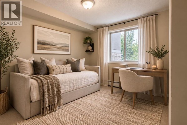 Bedroom with daybed, desk, chair, and window with neutral curtains. - 2206, 16969 24 Street Sw, Calgary