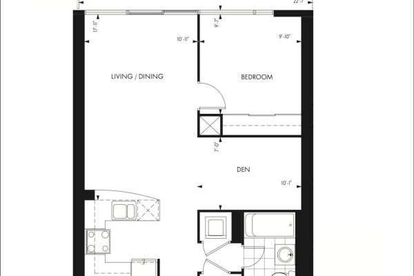 Floor plan shows a living/dining area, bedroom, den, kitchen, and bathroom. - 2206 - 18 Yorkville Avenue, Toronto