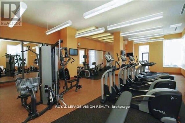 Apartment building gym with cardio machines, weight machines, and mirrors. - 2207 - 181 Wynford Drive, Toronto