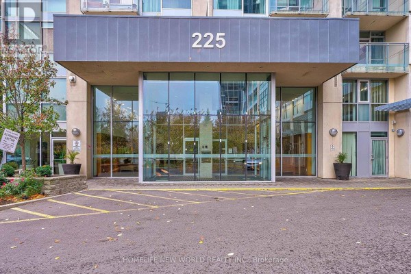 Main entrance of the building at 225 Webb Drive with glass doors and modern architecture. - 2209 - 225 Webb Drive, Mississauga