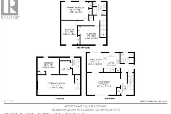 Floor plan of the basement, main level, and second level of the house at 221 Broadway Street. - 221 Broadway Street, Moncton