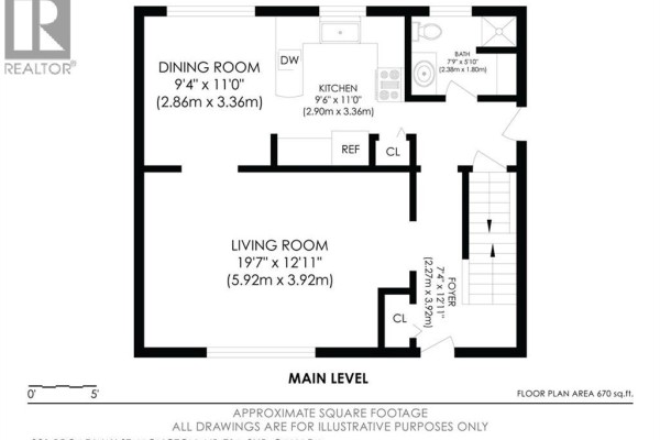 Main level floor plan showing living room, dining room, kitchen, and a powder room. - 221 Broadway Street, Moncton