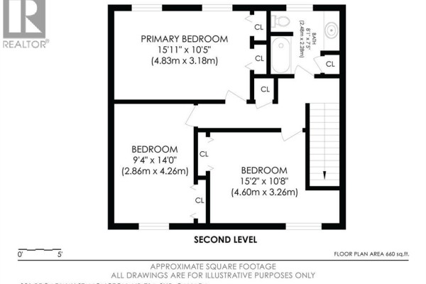 Second level floor plan with three bedrooms and a bathroom, including closet and hallway space. - 221 Broadway Street, Moncton