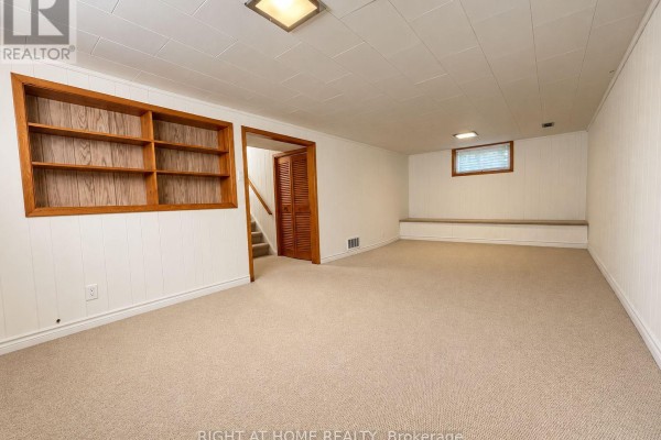 Finished basement with beige carpet, wood-paneled walls, built-in shelving, and a window seat. - 223 Ellendale Drive, Toronto