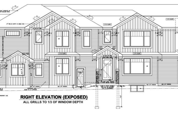 Architectural drawing of the right elevation of a multi-unit residential building, showing exterior details and dimensions. - 22335 85 Ave Nw, Edmonton