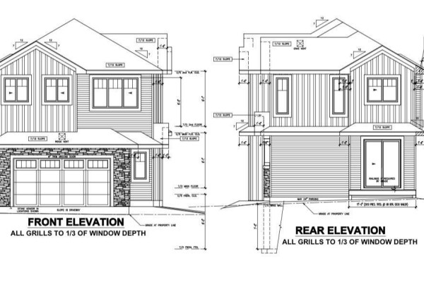 Architectural drawings of the front and rear elevations of a residential building, detailing windows, doors, and roof slopes. - 22335 85 Ave Nw, Edmonton