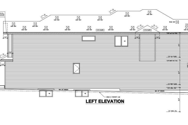Architectural drawing of the left elevation of a residential building, showing siding, windows, and roof vents. - 22335 85 Ave Nw, Edmonton