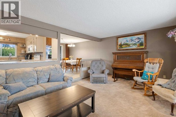 Living room with couch, piano, rocking chair, and view into the kitchen and dining area. - 224 Pinetree Bay Ne, Calgary