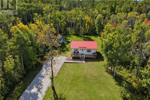 High aerial view showcasing the white cottage and red shed nestled within a vibrant, colorful forest. - 2247 Bay Estates, Nemi