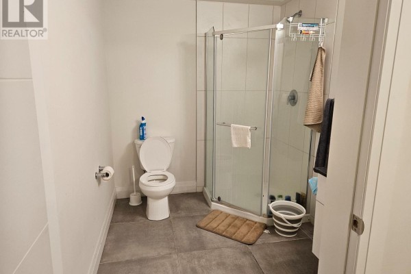 Bathroom with white toilet, beige bathmat, and glass-enclosed shower stall. - 225 - 652 Princess Street, Kingston