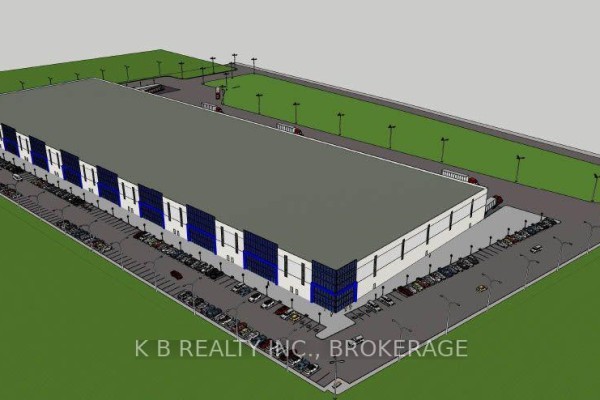 Perspective view of a large industrial building with blue accents, numerous parking spaces, and trucks. - 225 Jim Kimmitt Boulevard, Greater Napanee