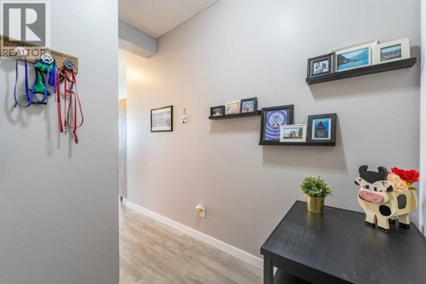 Interior apartment hallway with light grey walls, wood-look laminate flooring, and decorative shelves with photos. - 227, 8 Prestwick Pond Terrace Se, Calgary