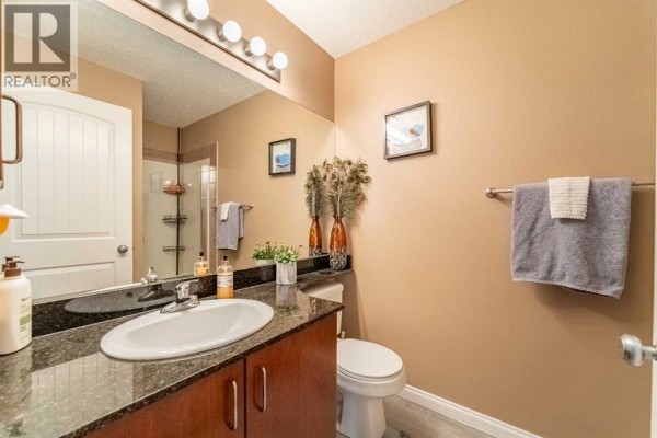 Apartment bathroom with a vanity, granite countertop, toilet, shower, and tan walls with a large mirror. - 227, 8 Prestwick Pond Terrace Se, Calgary