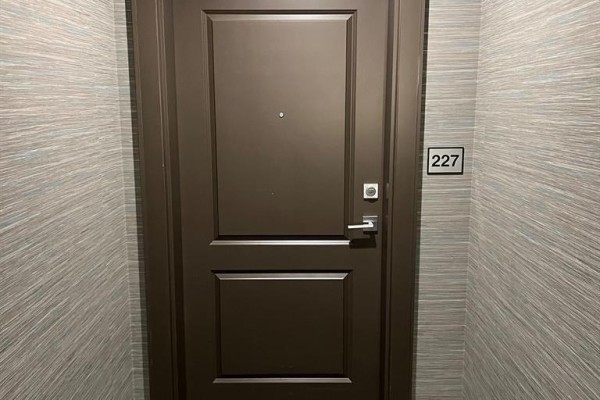 Dark brown apartment door with silver knob and peephole, unit number 227. - 227 - 460 Dundas Street E, Hamilton