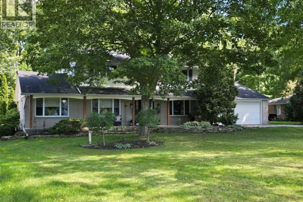 Spacious front yard with a large tree in front of a multi-level home with a garage. - 22707 Creek Road, Chatham
