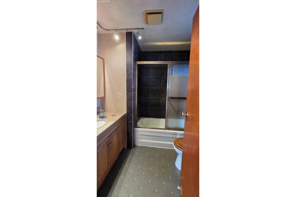 Bathroom with a vanity, bathtub with dark tiled shower, and toilet. - 2292 Agar Road, Cawston