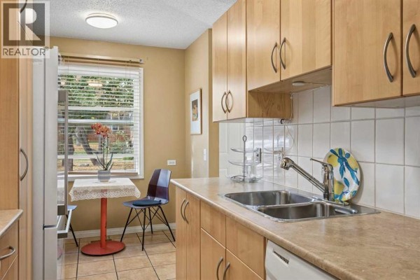 Kitchen counter with double sink, light wood cabinets, and tiled backsplash. - 23, 330 Canterbury Drive Sw, Calgary