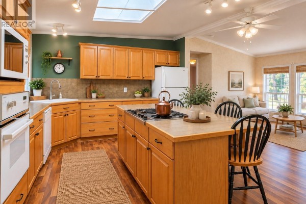 Kitchen with light wood cabinets, tiled backsplash, and skylight. - 23 6820 Parklands Pl, Lantzville
