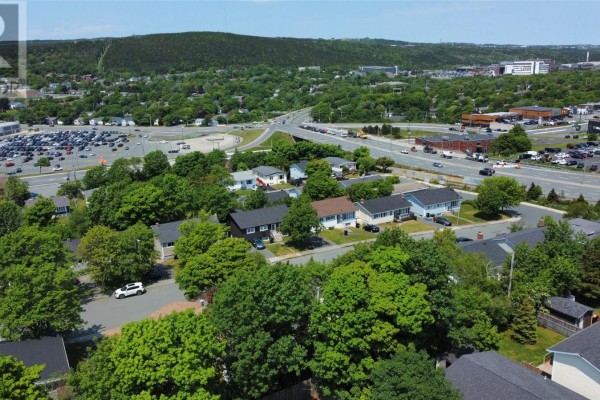 Aerial view of houses nestled among trees with a highway overpass in the background. - 23 Diana Road, St  John S