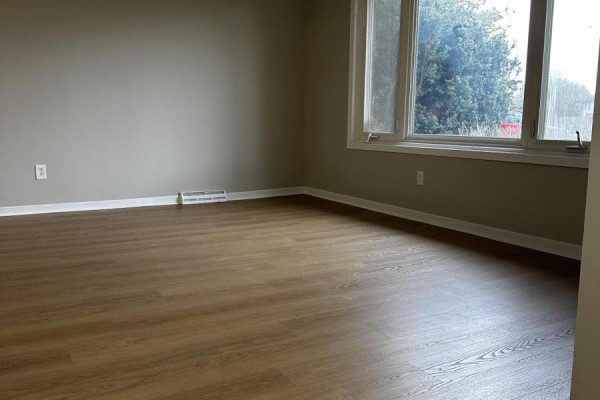 Empty living room with light wood laminate flooring and large windows. - 23 Fairlawn Crescent, Welland