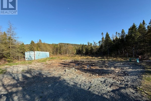 Gravel driveway with grassy areas, small outbuildings, and surrounding trees under a blue sky. - 23 Hodgewater Line, South River