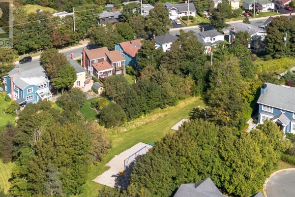 Aerial view of a neighborhood with several houses, mature trees, and a grassy clearing. - 23 Long Pond Road, St  John S