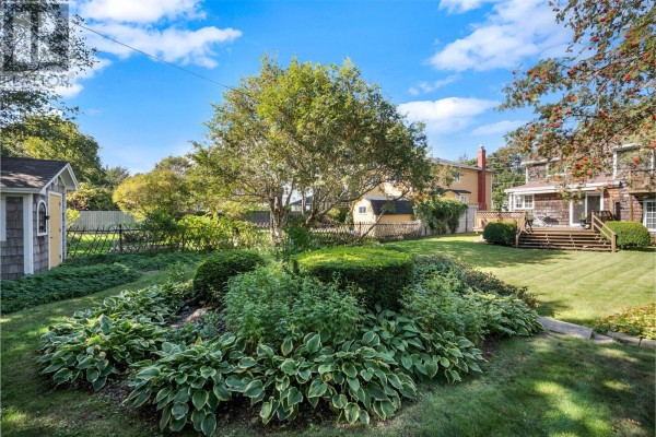 Backyard view with mature trees, green shrubs, and a small shed. - 23 Long Pond Road, St  John S