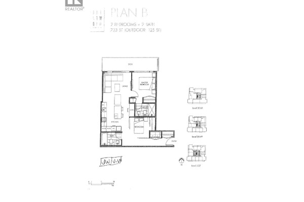 Floor plan of a 2-bedroom, 2-bath apartment showing room layouts and dimensions. - 2301 1955 Alpha Way, Burnaby
