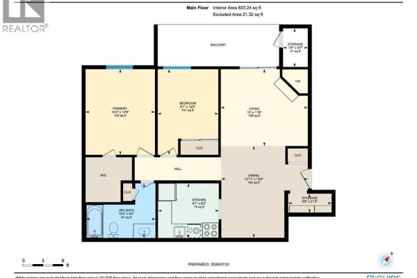 Floor plan for an 833 sq ft apartment with two bedrooms, living room, dining area, and balcony. - 2306, 315 Southampton Drive Sw, Calgary