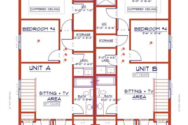 Second floor floor plan for two duplex units, showing bedrooms and bathrooms. - 2306 Sparrow Lane, Nanaimo