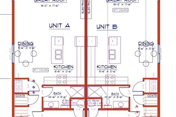 First floor floor plan for two duplex units, showing kitchens, dining, and living areas. - 2306 Sparrow Lane, Nanaimo