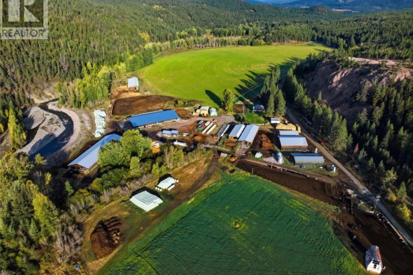 Farm aerial view showing buildings, pastures, fields, and a creek. - 2321 Peterson Road, Merritt