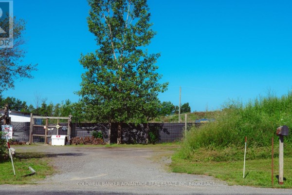 Gravel driveway entrance at 2323 Kottmeier Road with a fence and trees. - 2323 Kottmeier Road, Thorold