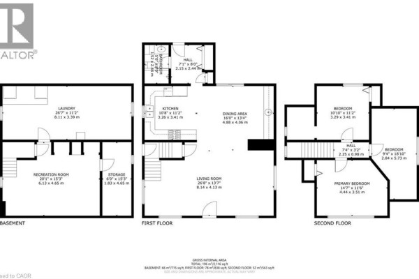 Floor plan of basement, first, and second floors with multiple bedrooms, kitchen, and living room - 23247 Beattie Drive Elgin