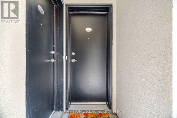 Close-up of two dark apartment doors with unit numbers 233, 365, and 366 displayed on the building exterior. - 233 - 515 Kingbird Grove, Toronto