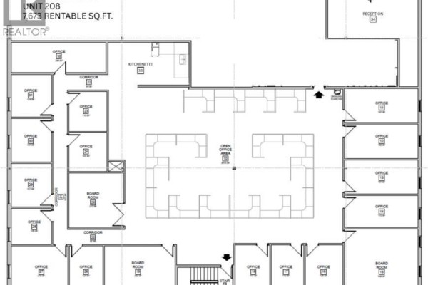 A floor plan of Unit 208, showing offices, board rooms, a kitchenette, and an open office area. - 235 Eugenie Street West Unit# 208, Windsor