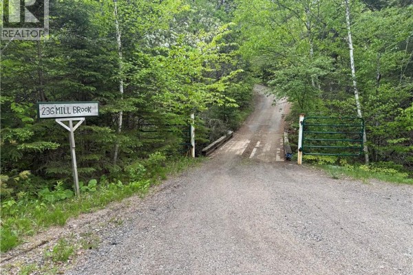 Gravel driveway with a bridge and metal gate leading to a property with a '236 Mill Brook' sign. - 236 Mill Brook Road, Mill Brook