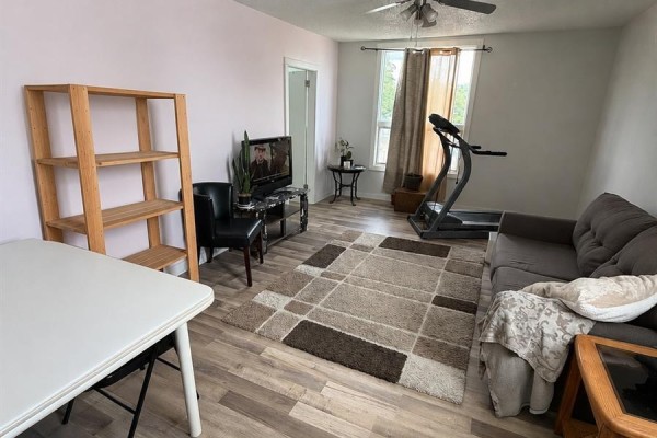 Living area with a sofa, treadmill, television, and a wooden shelf unit. - 2364 Proton Avenue, Gull Lake