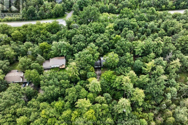 Aerial view of two houses surrounded by trees, with a road - 237 Old River Road Leeds And The Thousand Islands