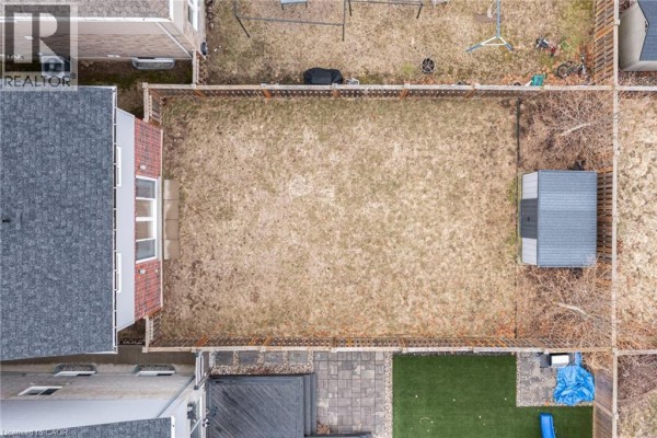 Fenced backyard with shed, patio, and artificial turf - 239 Cranbrook Street Kitchener