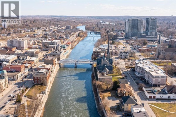 Aerial view of city skyline with river and bridges - 239 Cranbrook Street Kitchener